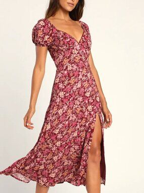 LuLu's Meadow Muse Burgundy Floral Tie-Back Puff Sleeve Midi Dress